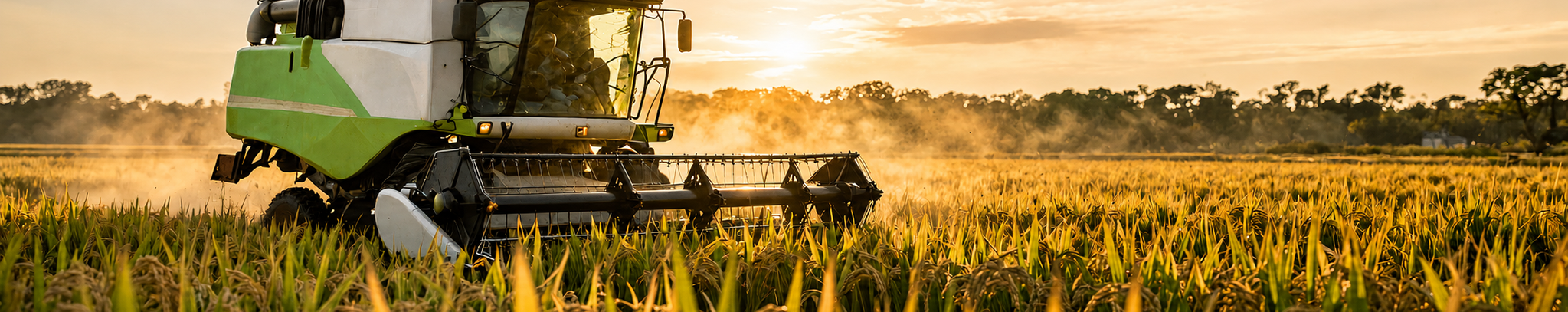 Colheitadeira trabalhando na lavoura de arroz ao pôr do sol